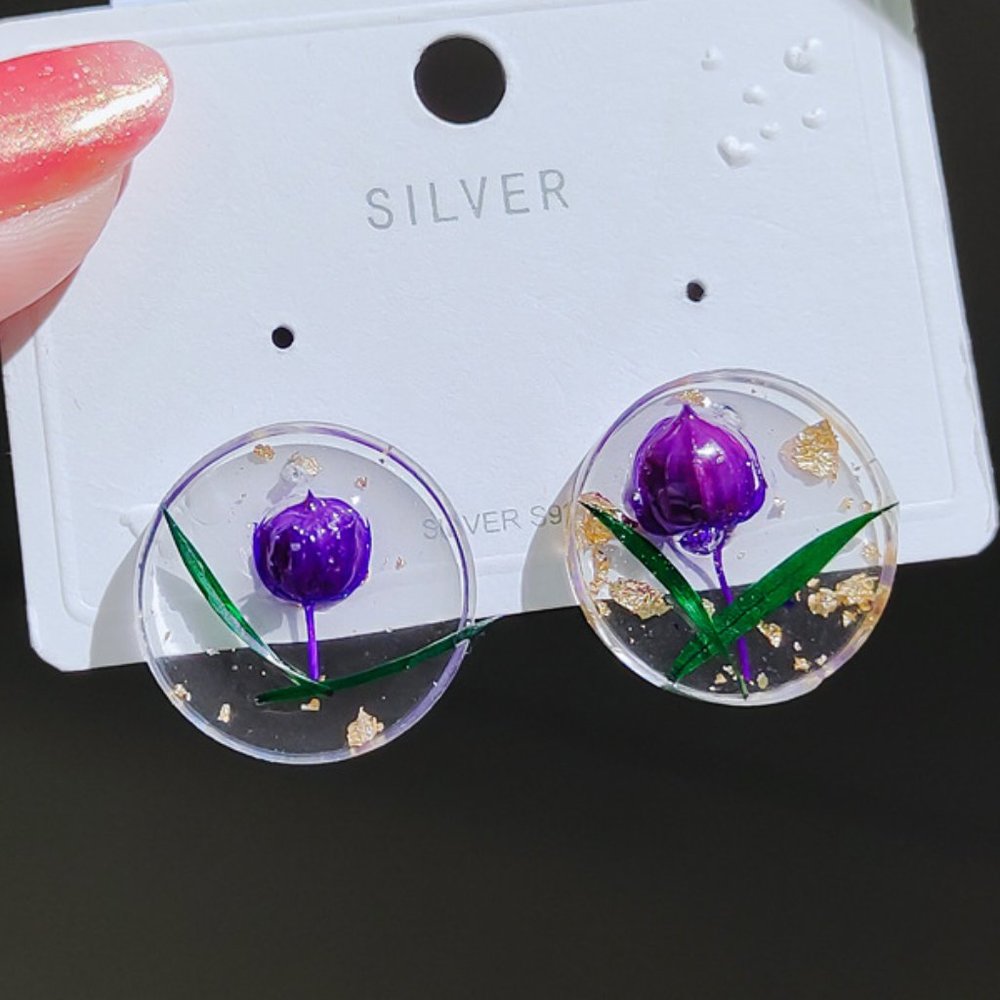 Dried Flower Epoxy Hoop Earrings Sterling Silver Post